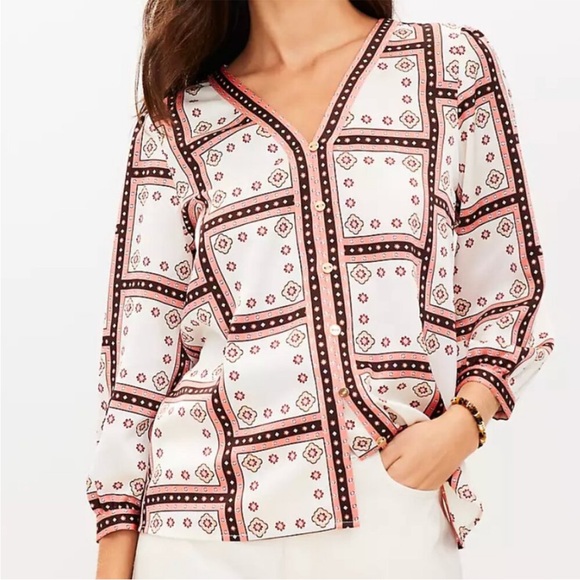 LOFT Tops - Loft windowpane V-neck button blouse